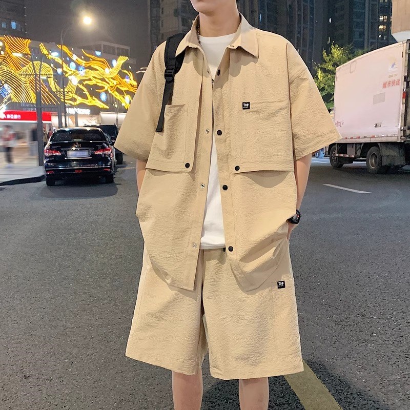 300斤夏季特大码短袖衬衫男套装加肥加大胖子山系风衬衣短裤2件套
