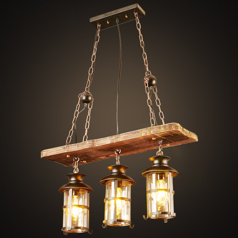 美式复古怀旧酒吧台网咖啡餐厅创意广东船木乡村实木三头艺术吊灯
