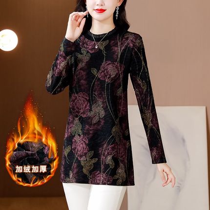 大码秋冬a中老年加绒加厚打底衫女内搭中长款显瘦妈妈印花保暖上