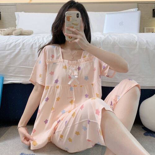 夏季棉绸睡衣女卡通可爱短袖七分裤薄款人造棉宽松家居服学生套装