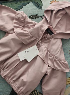 日单 女童春秋k薄外套 女孩洋派荷叶边上衣时尚户外连帽单夹克