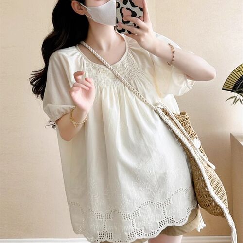 孕妇夏季新短袖上衣时尚剪裁刺绣宽松怀孕大尺寸休闲宽松的妇女娃