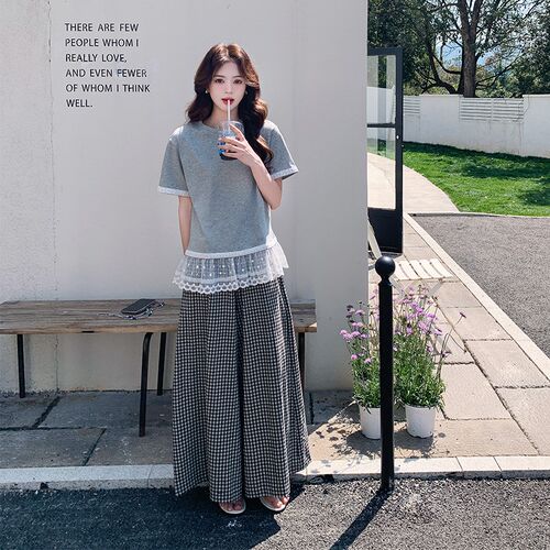 灰色蕾丝拼接阔腿裤时尚套装女夏季2025新款高级感宽松气质两件套