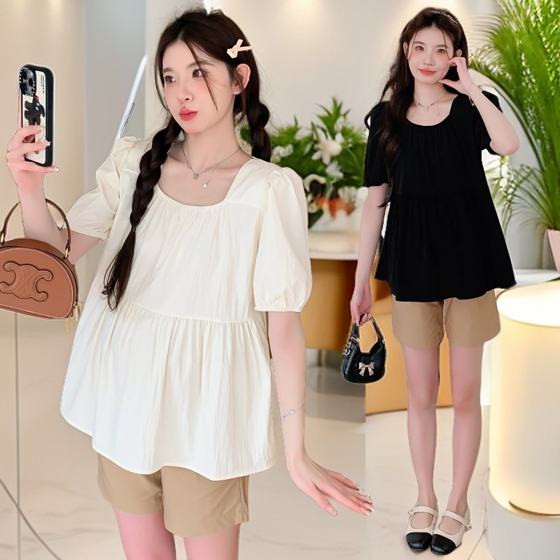 孕妇夏装2025新款短袖上衣时尚显瘦遮肚夏季宽松百搭气质甜美上衣