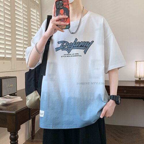 夏季新款渐变短袖t恤男孩青少年大童初中学生上衣宽松打底衫男装