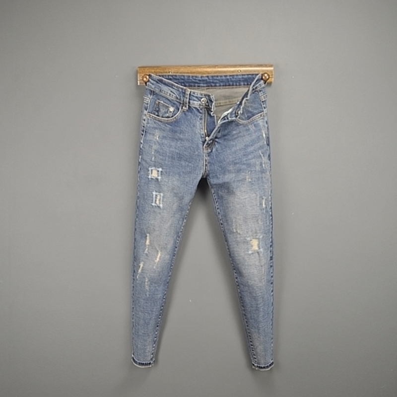 潮牌男裤韩版破洞修补程式乞丐九分牛仔裤修身小脚潮流百搭紧身薄