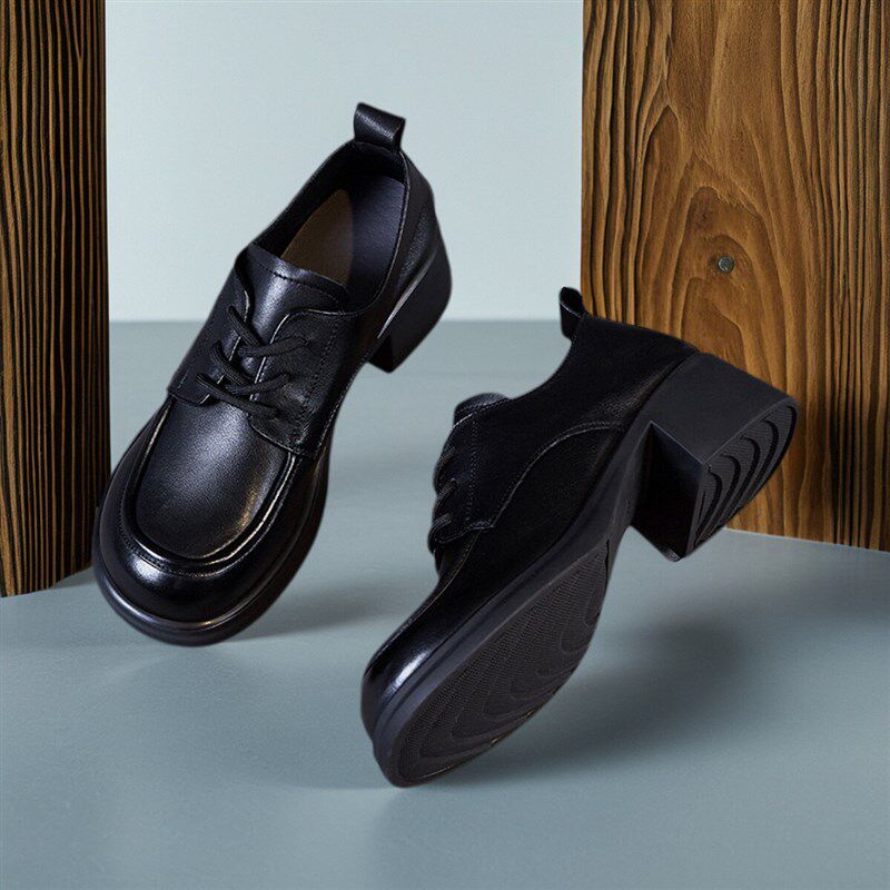 满300b减30跨店商品2024新款真皮粗跟深口单鞋舒适通勤厚底小皮鞋