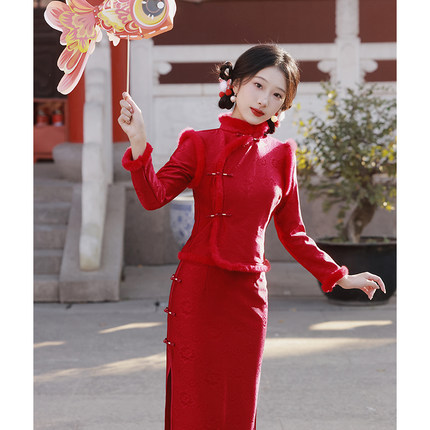 红色旗袍秋冬季加绒加厚敬酒v服马甲套装过年新年拜年服女大人唐
