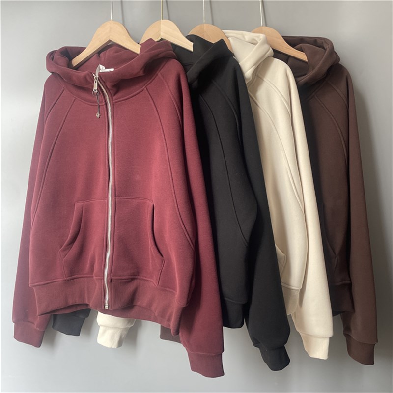 自制女士奥粒绒拉链外套 秋冬女装纯色宽松连帽卫衣加厚