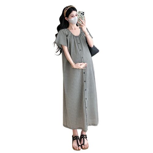 孕妇连衣裙夏季遮肉显瘦韩版宽松格子短袖衬衫长裙孕妈高级穿搭夏