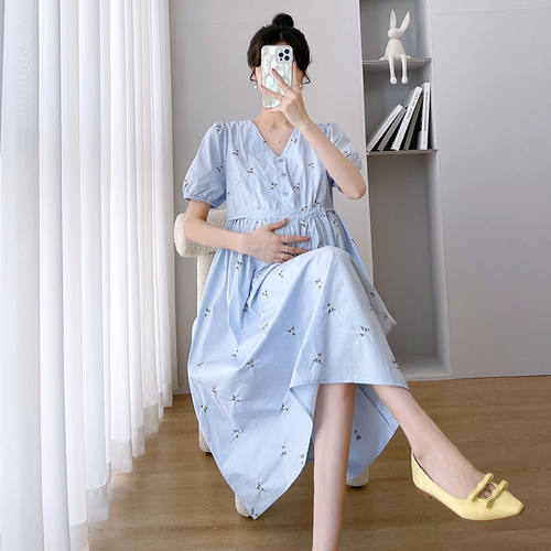 孕妇装2022夏季新款时尚中长款宽松V领纯棉短袖可哺乳孕妇连衣裙