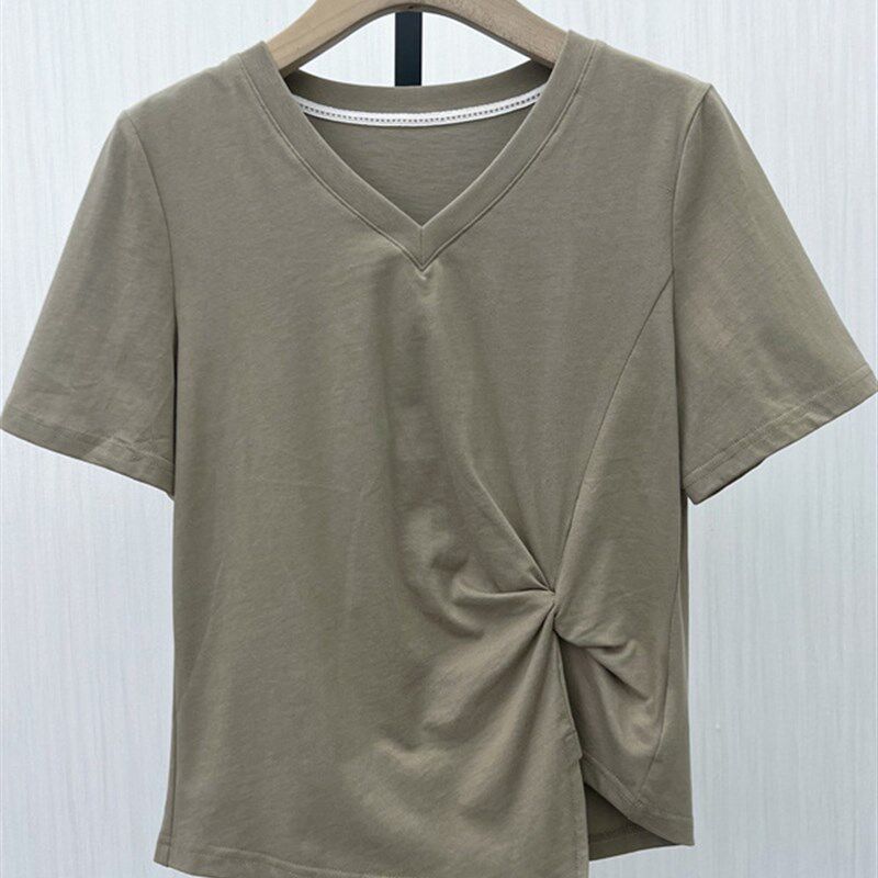 C2025夏季新品纯色女式v领内搭右肩短袖t恤上衣1068