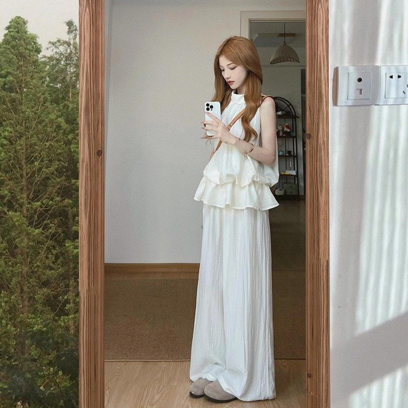 韩系高级感挂脖无袖雪纺上衣阔腿长裤两件套女夏季松弛感气质套装