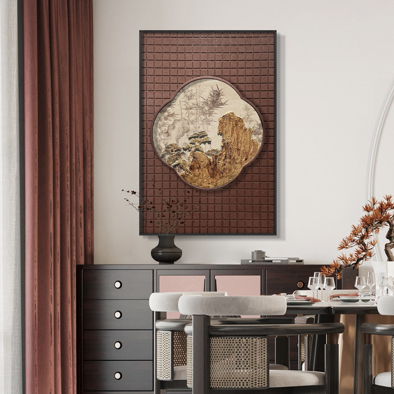 现代中式手工立体玄关客厅禅意过道风景松树卧室竖版装饰挂壁画