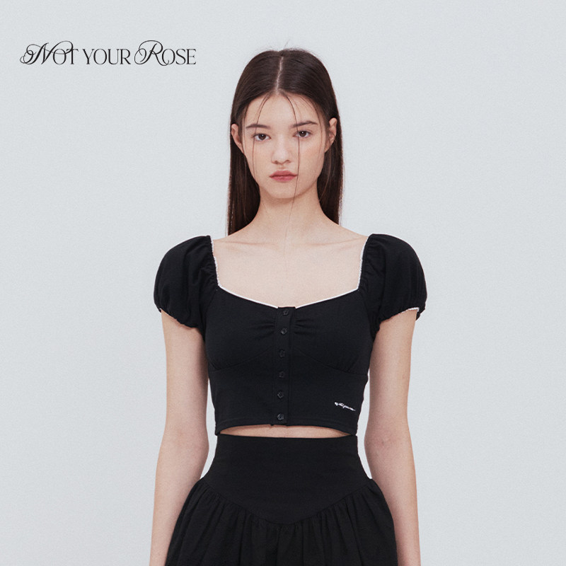 Jennie姜惠元宁艺卓同款Notyourrose蕾丝方领黑色露脐短袖T恤女夏