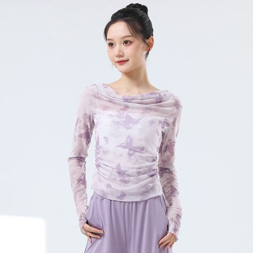 速发舞练功服新款网纱褶皱套指长袖上衣常人成蹈日舞形体训练服