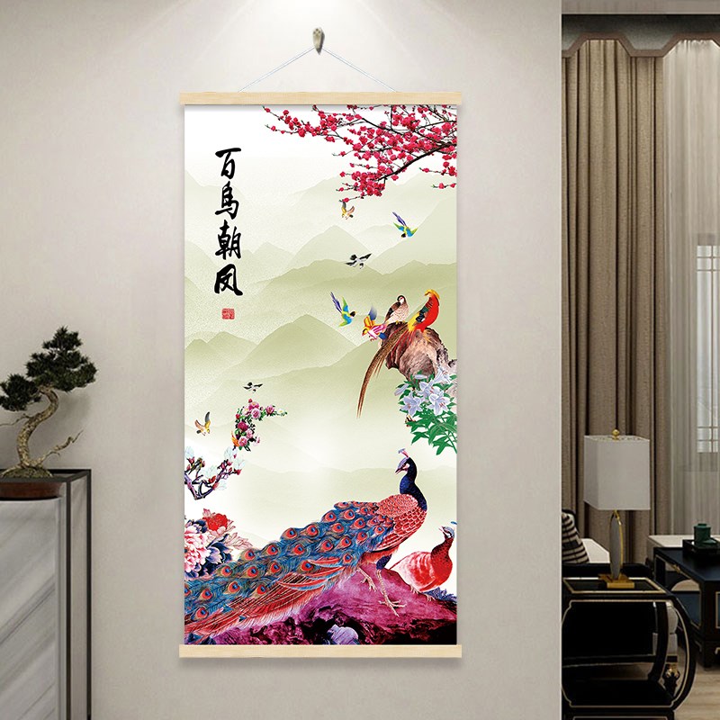 现货速发百鸟朝凤玄关画布艺挂画遮挡电表箱装饰画凤凰图壁画客厅图片