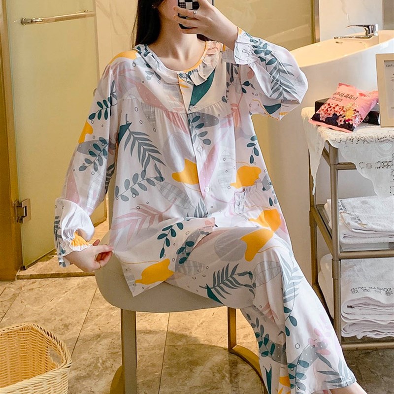速发夏季款长袖棉绸睡衣夏天薄款开衫套装人造棉学生家居服