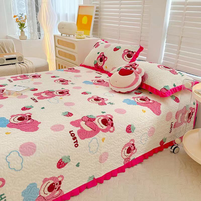 速发新款牛奶绒床盖小清新夹边款花棉床盖直件可机洗榻榻米垫套播