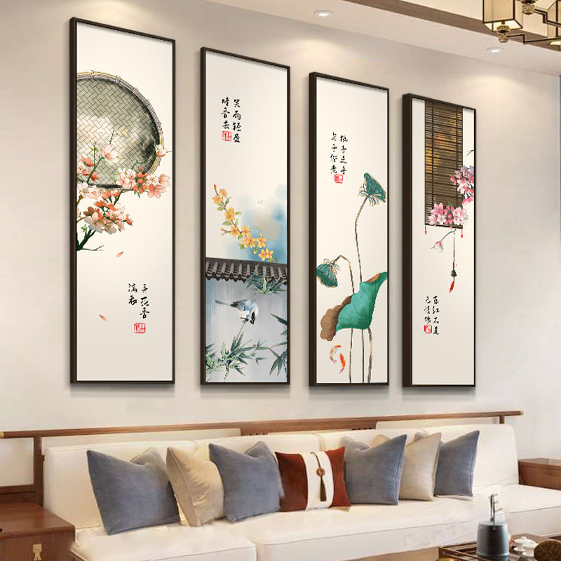 速发花鸟背新中式客厅沙发画景墙装饰民书房字画四联挂画画宿茶室