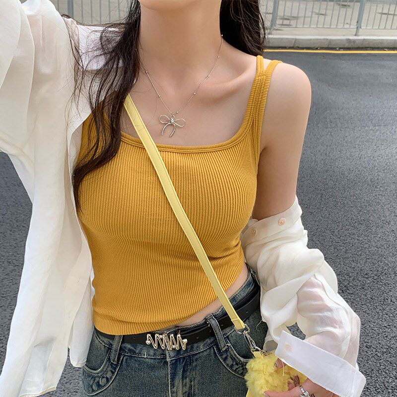 现货带胸垫吊带女内搭白色美背文胸一体外穿法式别Z致夏季上衣