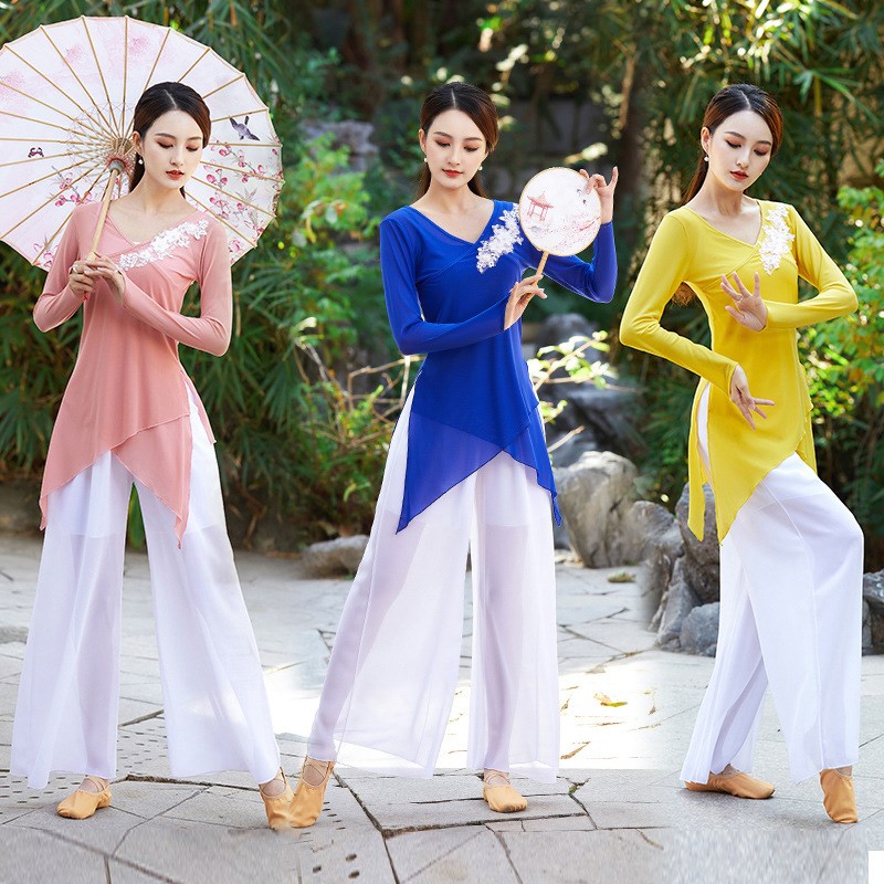 速发东方出广场舞服装练款古典民族网纱长袖上衣套装新功表演韵服
