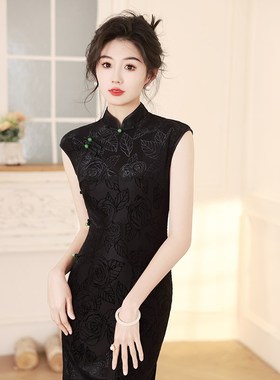 速发新级式无袖黑色旗袍古国风高中感复中简约大气日常走秀演出