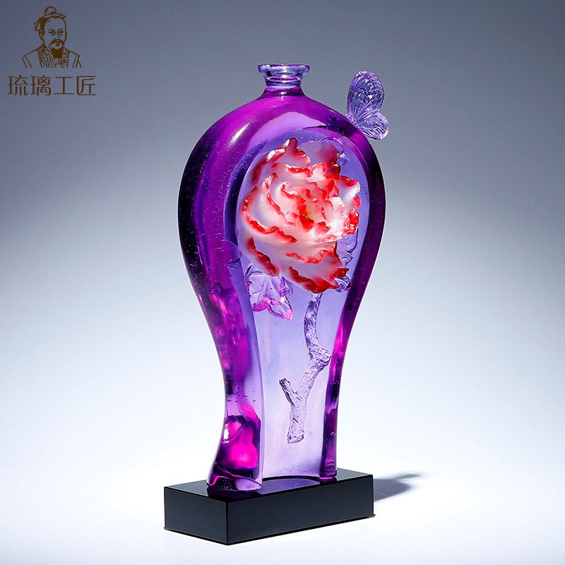 速发紫色牡丹花粉烧琉璃艺术品瓶子摆件高档果盘中国风新房子乔迁