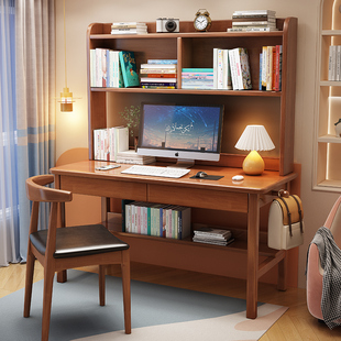 速发电用实木台式家脑桌卧室儿童写字桌子书房带习架办公桌客厅学