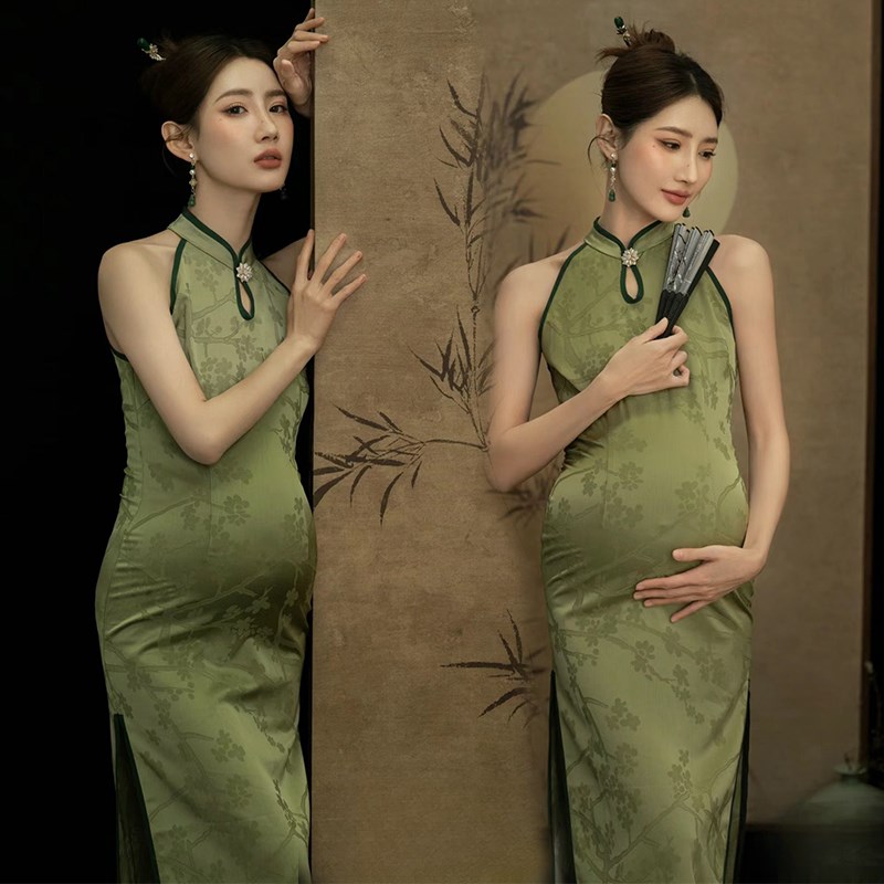 速发新款孕妇复服装照古影楼中国风新中式绿摄旗袍孕妈咪色影拍照