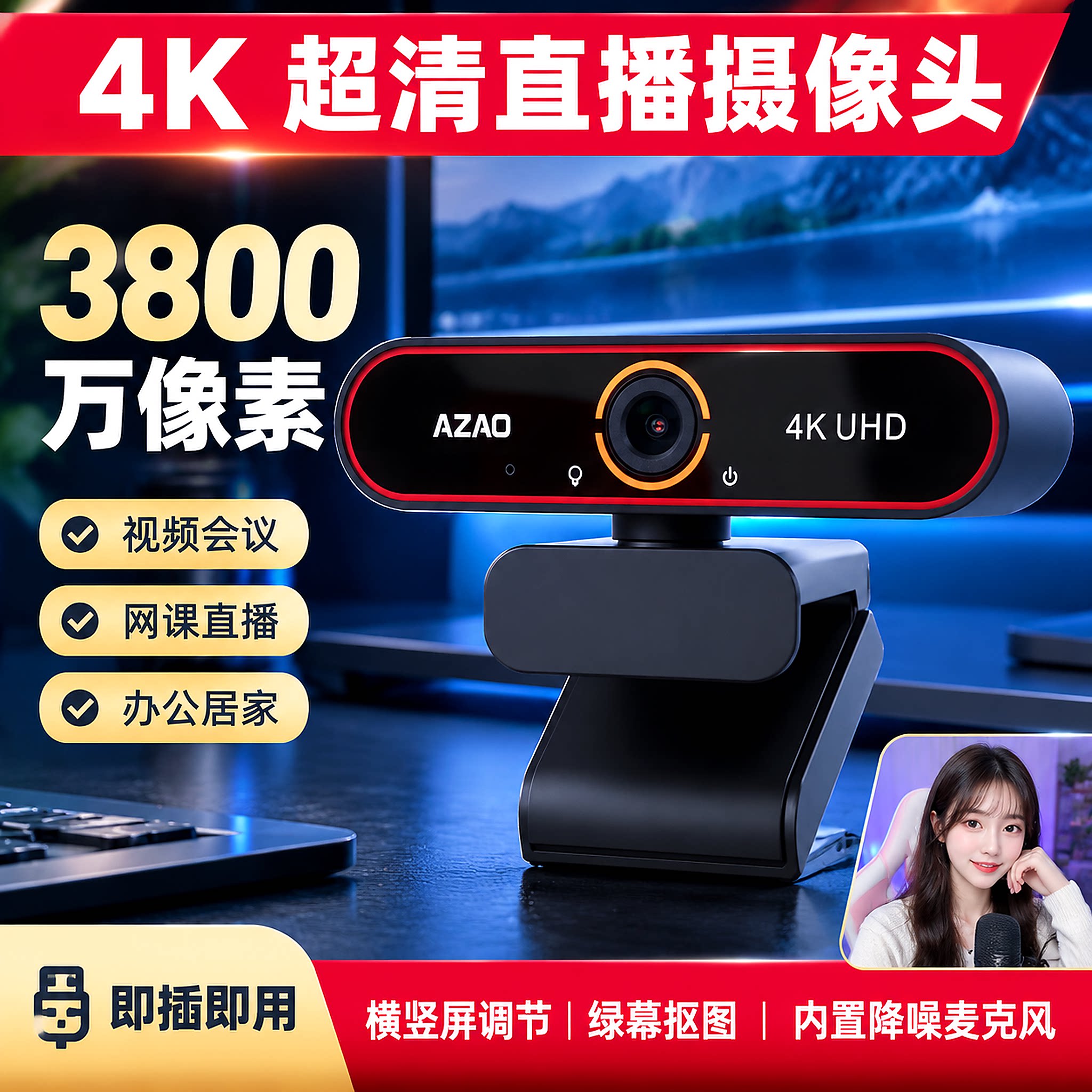 4K超清电脑摄像头会议网课通用