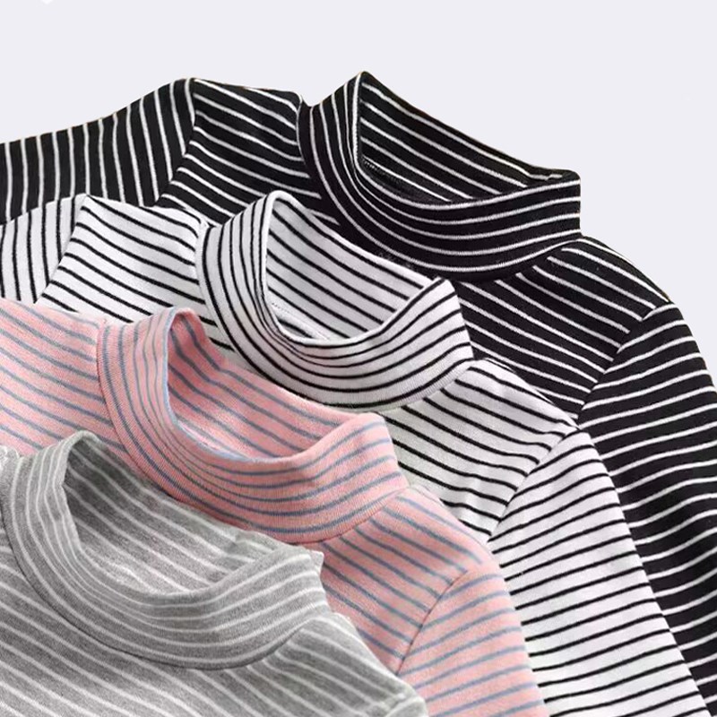 儿童高领打底衫春秋长袖条纹t恤男童K女童白色修身中领保暖衣