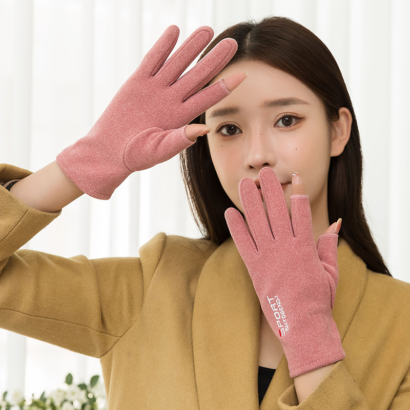 露指手套女秋冬季黑色骑行加绒干活D漏二指头德绒保暖学生写字两