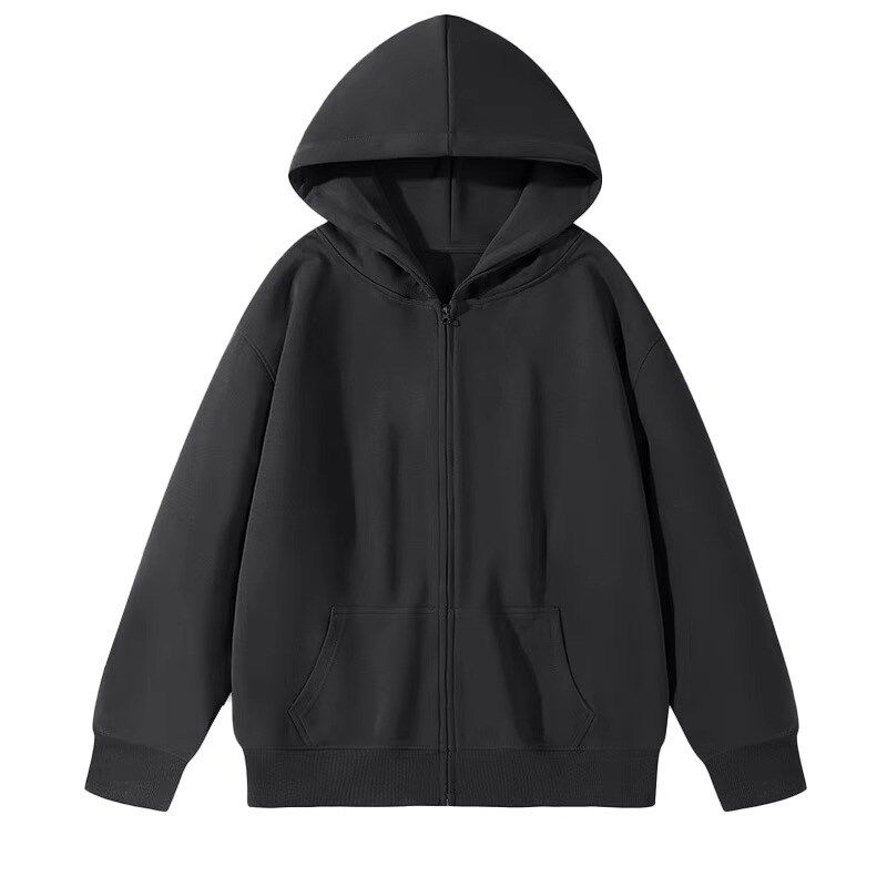 黑色连帽纯棉卫衣女2024新款春秋季慵懒休闲宽R松开衫外套拉链上