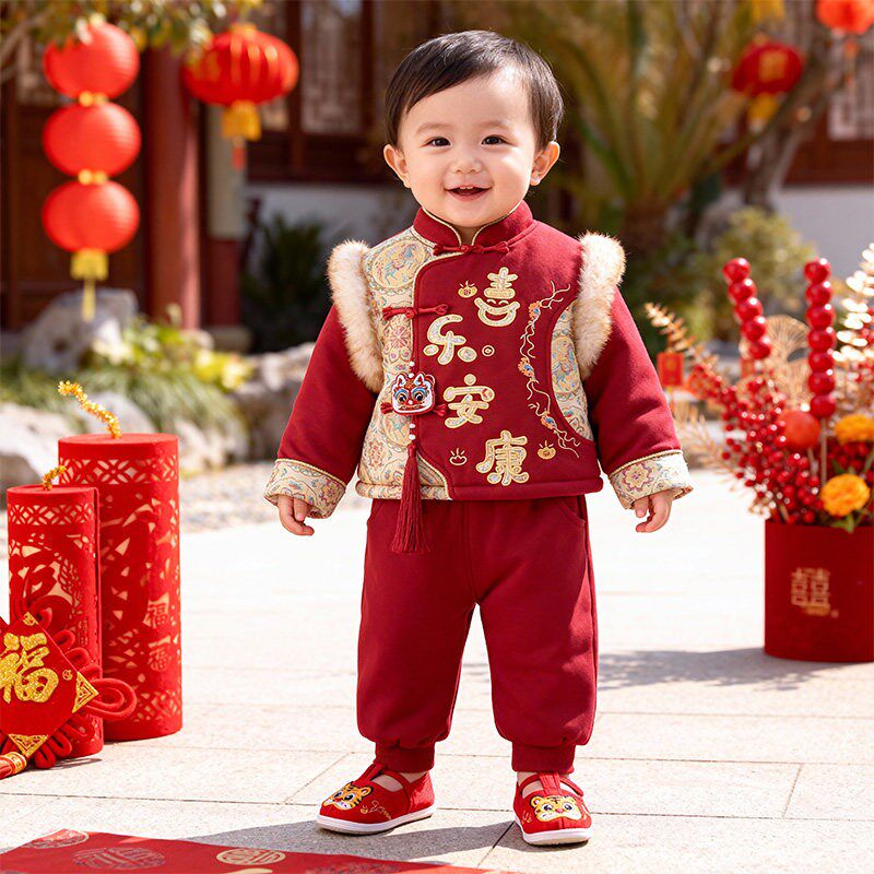 拜年服男童d周岁男宝礼服冬装加绒加厚新中式唐装抓周生日过年喜