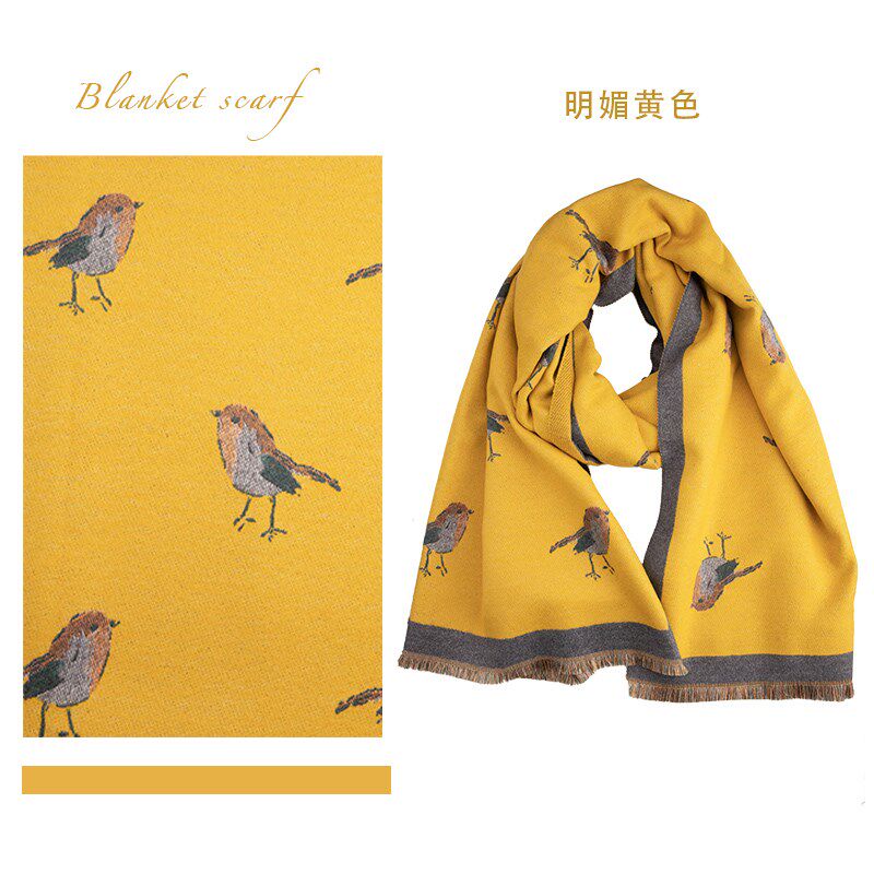 气韵东方一抹春色双面提花围巾小鸟图案加大S加宽披肩两用冬