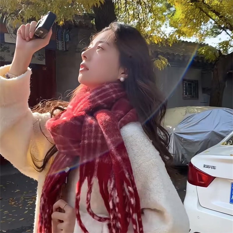 【氛围感复古红】韩版格纹流苏含C羊毛围巾女冬季旅游出片保暖围