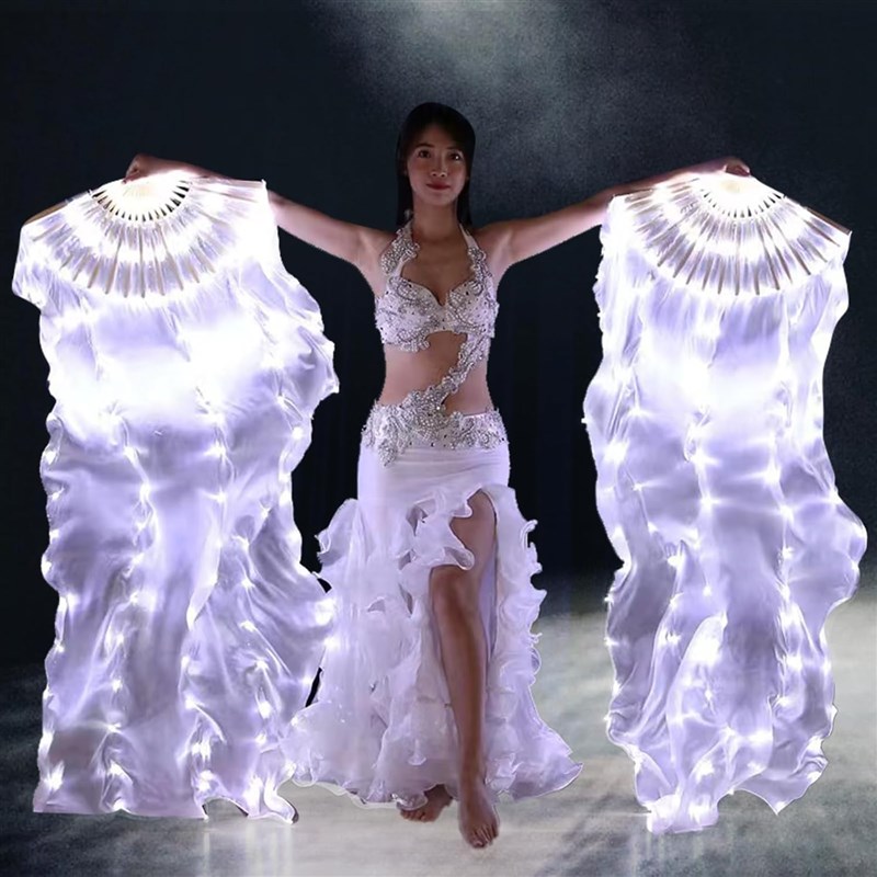 舞娘长绸渐变leld发光扇子舞蹈扇肚皮舞道具酒吧表演多色真丝扇子