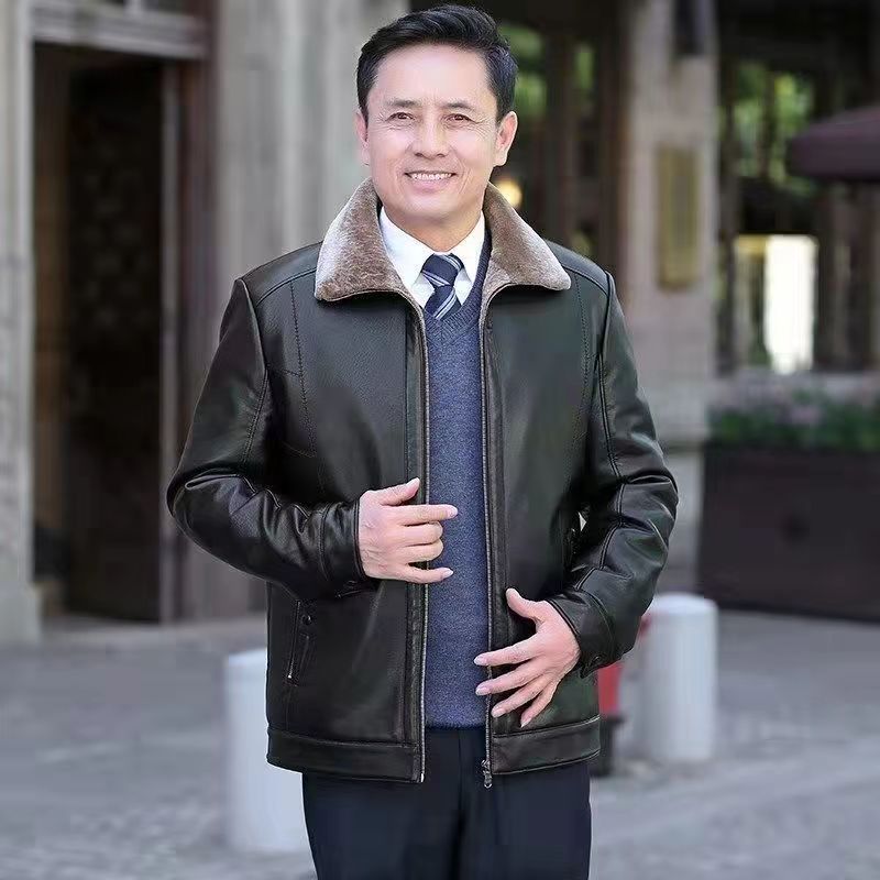 爸爸冬装外套中i老年人加绒加厚皮衣服40秋冬季中年男装50岁夹克