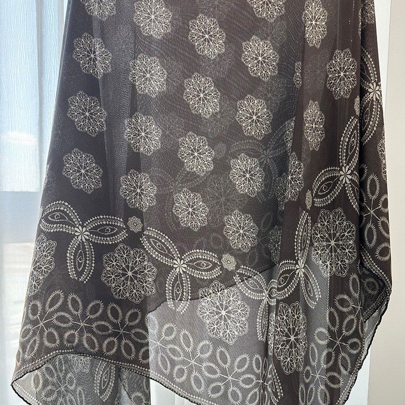 出口中东!e西丽纱真丝丝巾女长款蕾丝小花桑蚕丝围巾防晒空调披肩