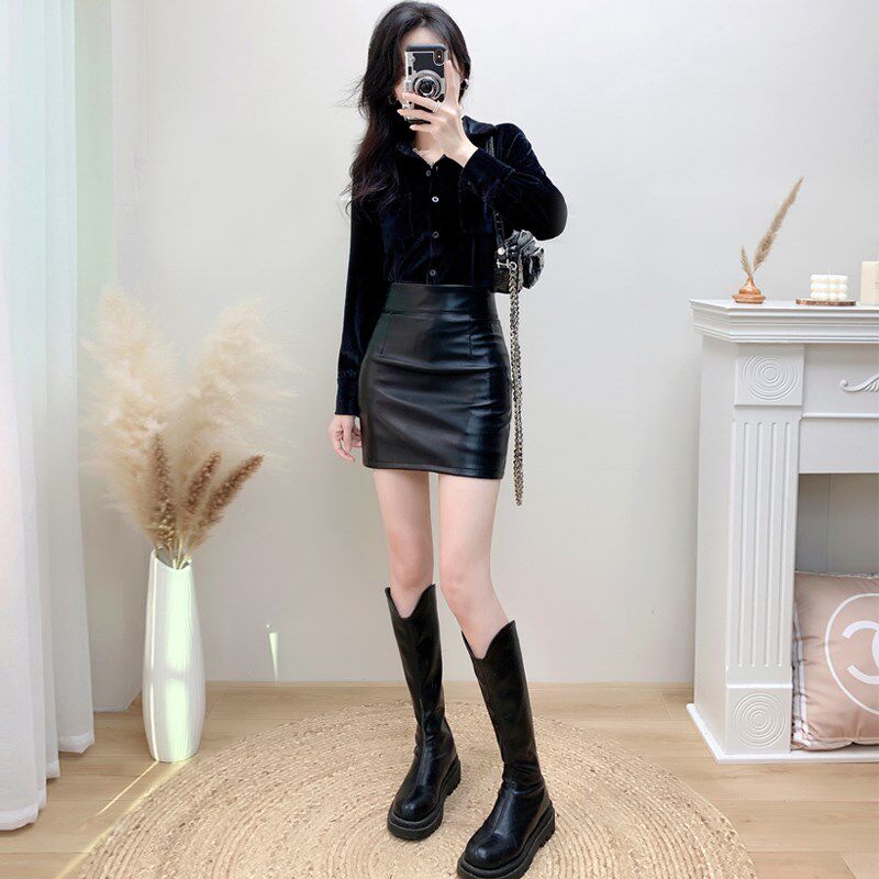 黑色小皮裙女秋冬半l身裙2022韩版高腰紧身弹力包臀百搭pu皮一步