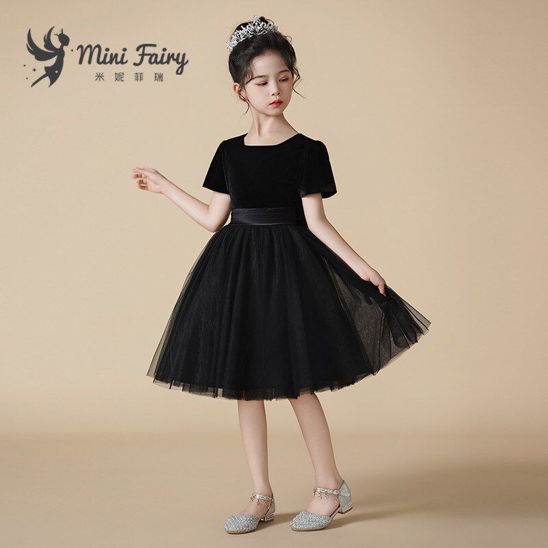 女童黑色礼服网j纱公主裙钢琴表演高端乐团合唱小提琴演奏短袖船