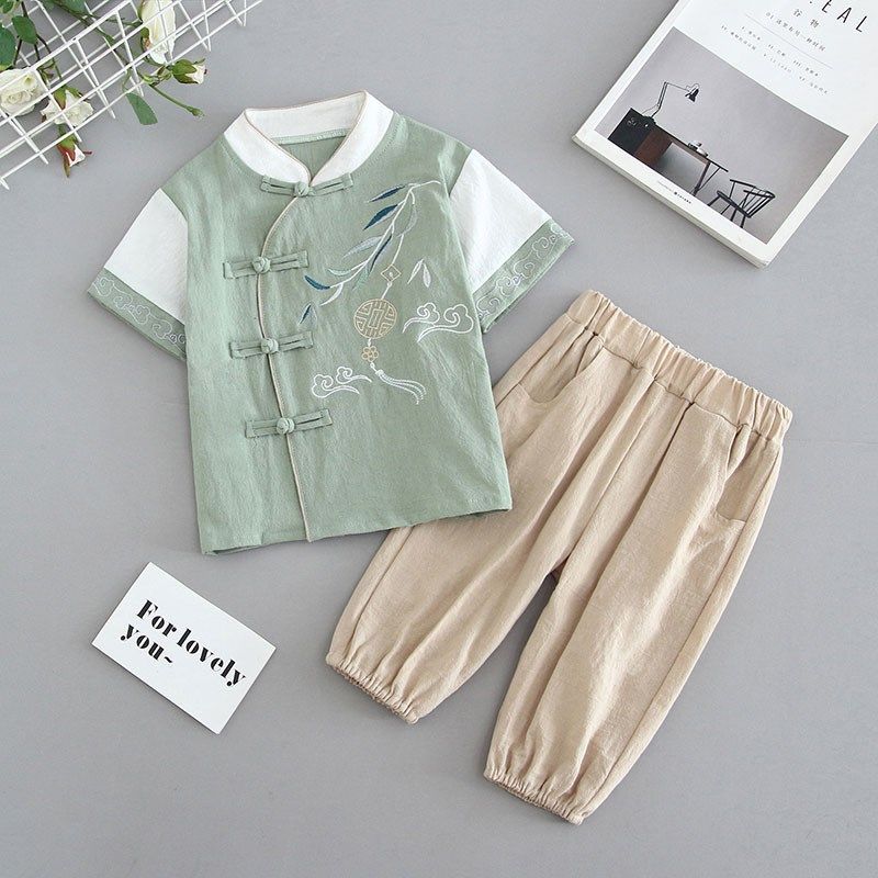 新中式男童套装2024新款儿童国风唐装宝宝汉服夏季V薄款半袖两件