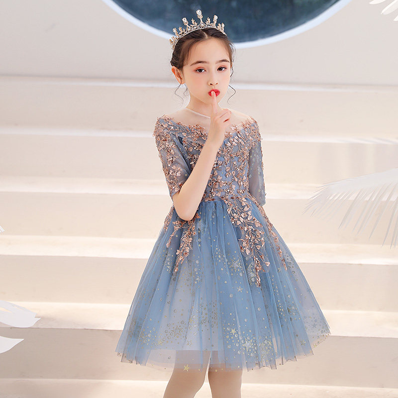 儿童公主裙女童晚礼服小孩走秀花童D婚纱模特主持人钢琴演出服秋