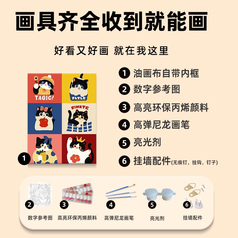 多巴胺猫咪数字油画diy填充填色手工绘卡通N奶牛小猫丙烯画装饰画图片