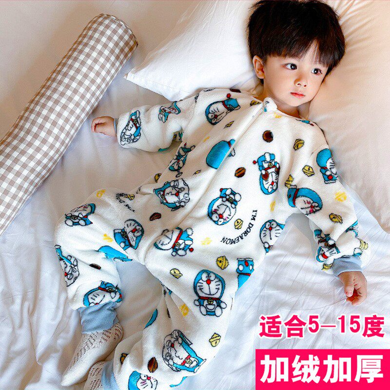 宝宝长袖家居连体睡衣珊瑚法兰绒加厚秋冬季卡通睡V袋男女儿童爬