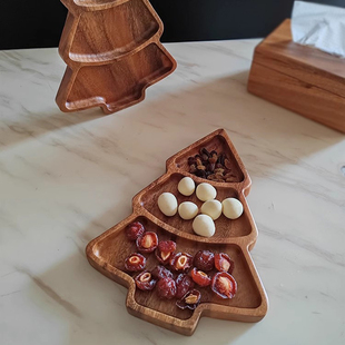 胡桃木干果盘圣诞树分格盘整木挖空零食盘家用新中式小吃盘实木盘