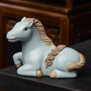 精品汝窑马上有钱茶艺茶桌茶宠摆件可养创意开片汝瓷茶具小摆件