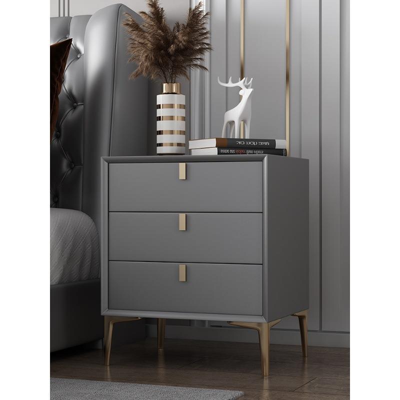 床头柜简约现代小型超窄实木岩板意式轻奢极简皮质收纳储物床边柜