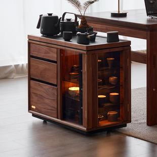 格物山川实木茶水柜新中式茶台办公室黑胡桃木下水茶桌侧边柜茶台
